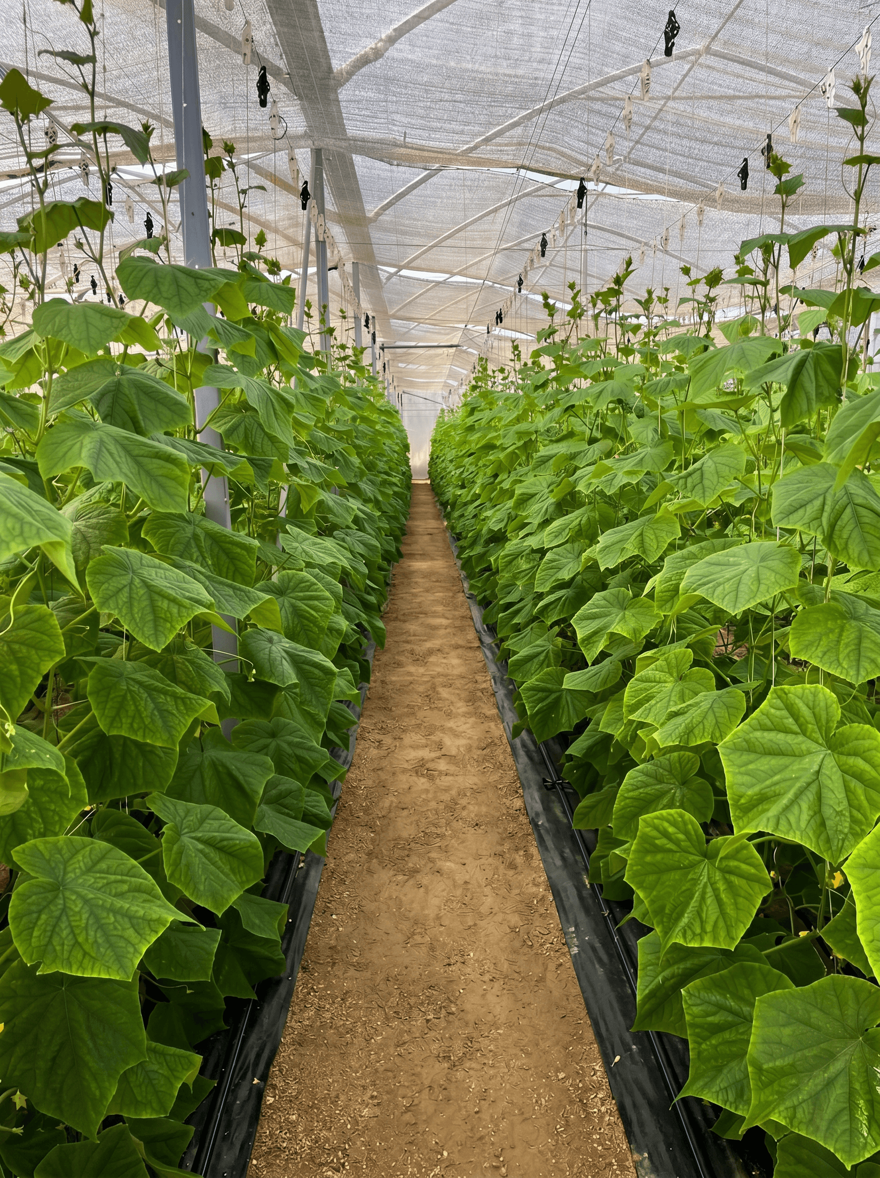 Cucumber rows stretching through the Nos Cunuku greenhouse