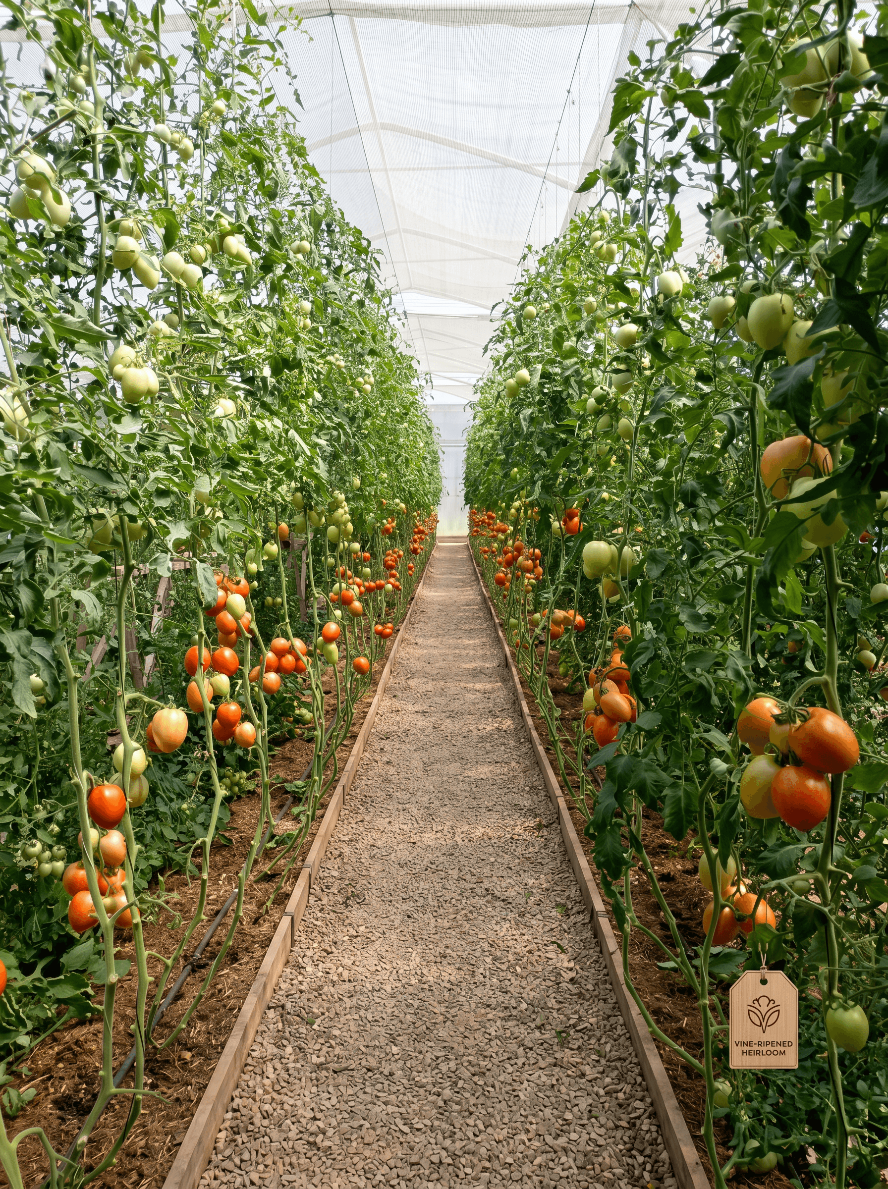 Rows of ripening tomatoes inside the greenhouse