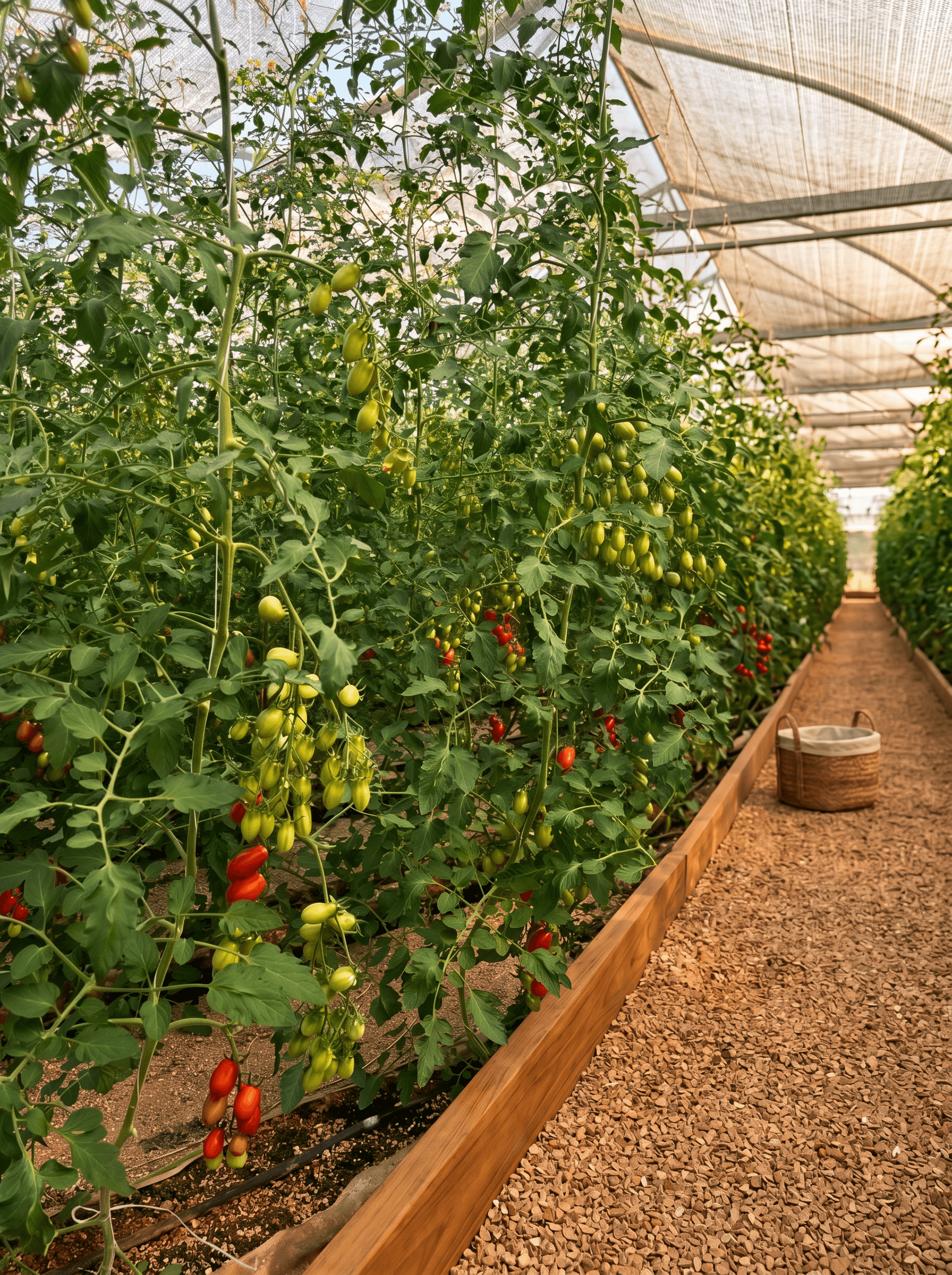 Tomato vines heavy with ripening fruit